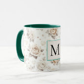 Romantisches cremefarbenes Rosenblumen-Monogramm Tasse (Vorderseite Links)