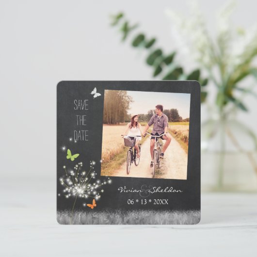 Romantisches Dandelion-Foto Hochzeit retten das Da Save The Date (Stehend Vorderseite)