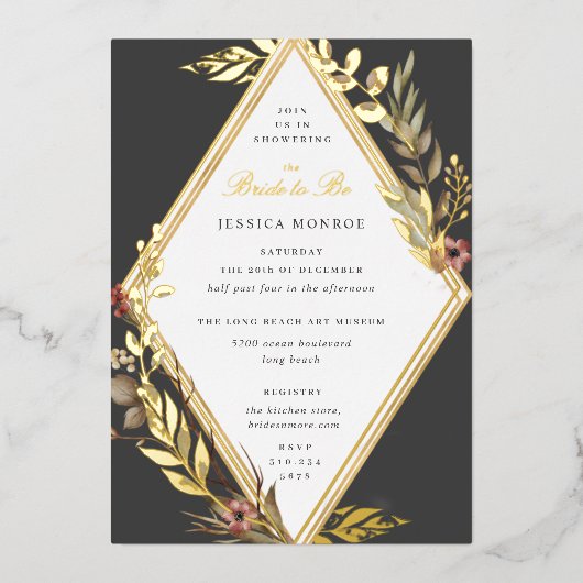 Romantisches Diamond Floral Grau Brautparty Folieneinladung (Vorderseite)