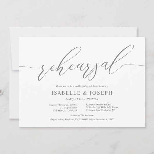 Romantisches Dunkelgrau, Hochzeit und Probe Einladung (Vorderseite)