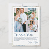 Romantisches Dusty Blue Floral Foto Hochzeit Dankeskarte (Rückseite)