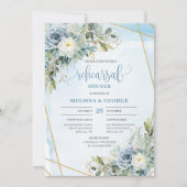 Romantisches Dusty Blue Floral Gold Glitzer Dinner Einladung (Vorderseite)