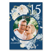 Romantisches Dusty Blue Floral Wedding Foto Tischnummer (Rückseite)