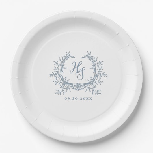 Romantisches Dusty Blue Monogram Wappen Wedding Pappteller (Vorderseite)