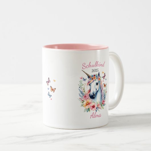 Romantisches Einhorn mit Blumen - Schulkind 2025 | Zweifarbige Tasse (VorderseiteRechts)