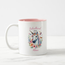 Romantisches Einhorn mit Blumen - Schulkind 2025 | Zweifarbige Tasse