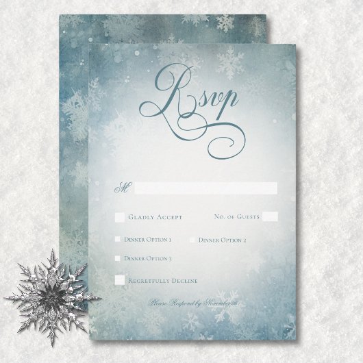 Romantisches Falling Snow Blue & White Weddinner RSVP Karte