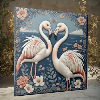 Romantisches Flamingo-Paar Art Deco Blaues Becken Fliese