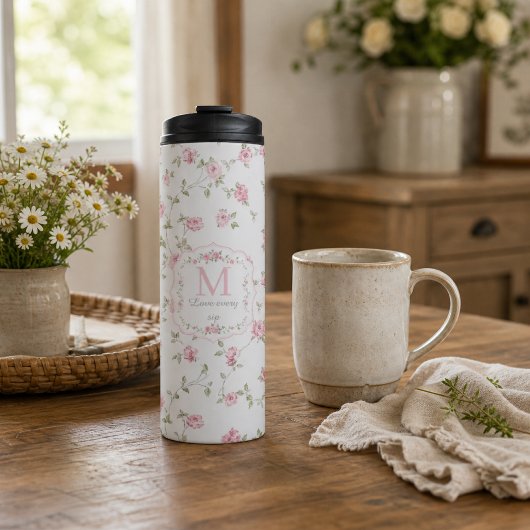Romantisches florales Monogramm | Vintage Cottagec Thermosbecher