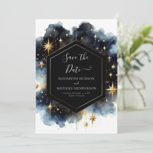 Romantisches Foto Celestial Wedding Save The Date (Stehend Vorderseite)