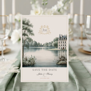 Romantisches französisches Château-Monogramm-Hochz Save The Date