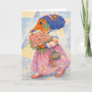 Romantisches Fuchs-Mädchen im Hanbok mit Rosen Karte