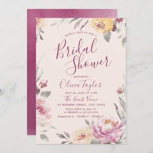 Romantisches Gartenkalligraphie-Brautparty Einladung (Vorne/Hinten)