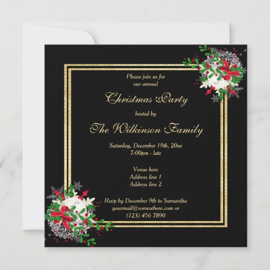 Romantisches Gold & Black, Corner Dec's Weihnachte Einladung (Vorderseite)