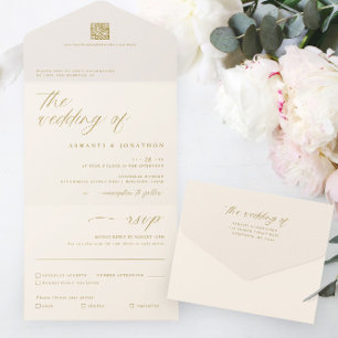 Romantisches Gold Elfenbein Zartes Skript Hochzeit All In One Einladung