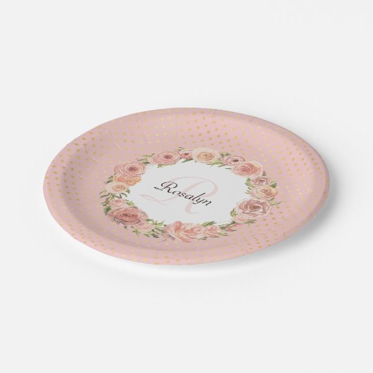 Romantisches Gold punktierter Rosen-mit Monogramm Pappteller (Schrägansicht)