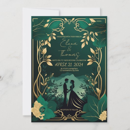 Romantisches Gold und Smaragdgrün Einladung (Vorderseite)