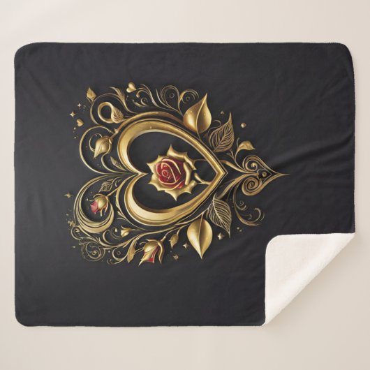 Romantisches goldenes Herz mit blühender rote Rose Sherpadecke (Vorderseite (Horizontal))