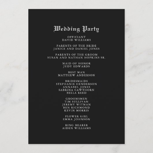 Romantisches Gotisches Hochzeitsprogramm für Wasse Programm (Rückseite)