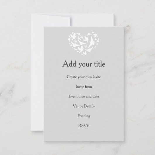 Romantisches Grau mit Herz und Vögeln Einladung (Vorderseite)