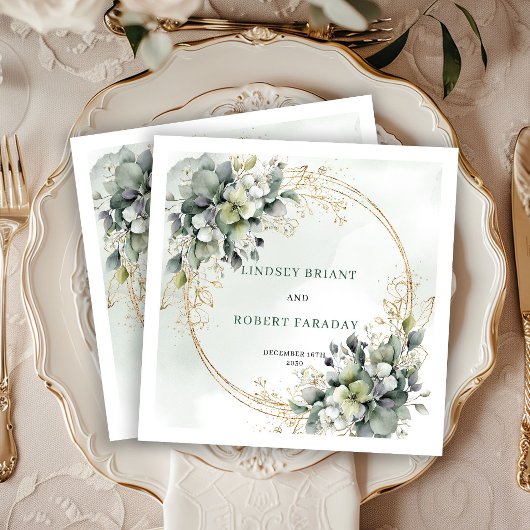 Romantisches Grün und Goldene Botanische Hochzeit Serviette