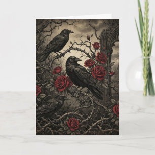 Romantisches Halloween Gothic Raben und rote Rosen Karte