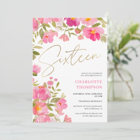Romantisches handgestrichenes Rosa Foto Süß 16 Einladung (Stehend Vorderseite)