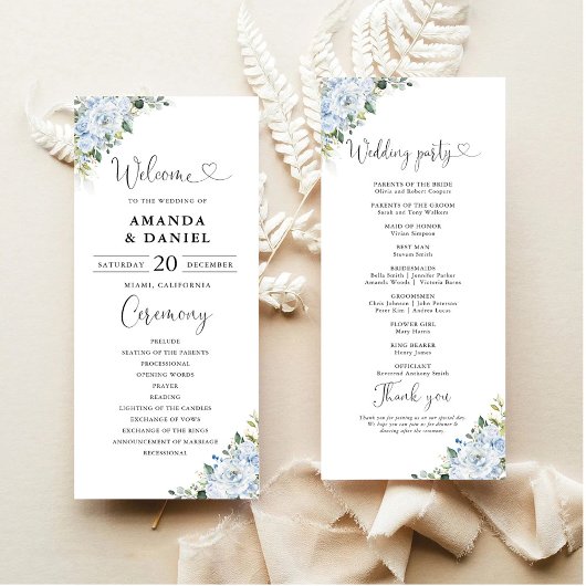 Romantisches hellblaues florales Hochzeitsprogramm Programm