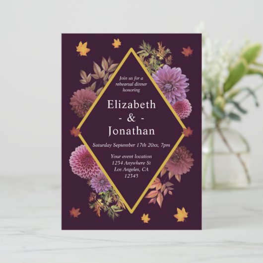 Romantisches Herbstfest Dahlia Probe Abendessen Einladung (Stehend Vorderseite)