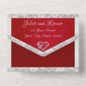 Romantisches Herz, Band und Glitzer auf Crimson All In One Einladung (Rückseite)