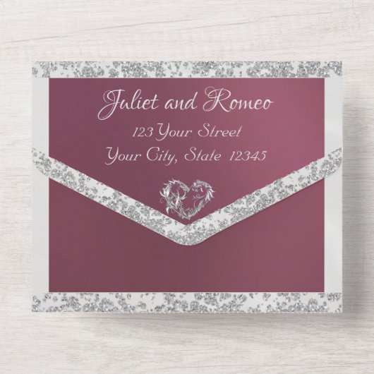 Romantisches Herz, Band und Glitzer auf dem Lavend All In One Einladung (Rückseite)