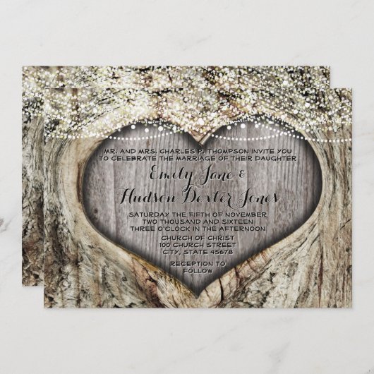 Romantisches Herz bei Hochzeit im Baumstamm Einladung (Vorne/Hinten)