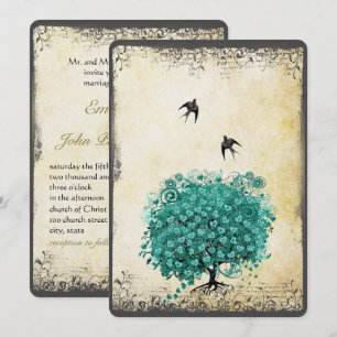 Romantisches Herz Blatt Teal Baum Liebesvogel Hoch Einladung