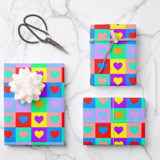 Romantisches Herz - Farbenfrohe Muster Pop Art Geschenkpapier Set (Vorderseite)