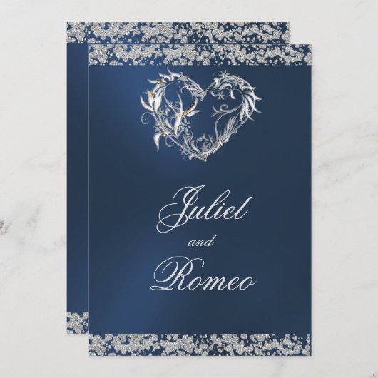 Romantisches Herz & Glitzer auf Blauer Hochzeit Einladung (Vorne/Hinten)