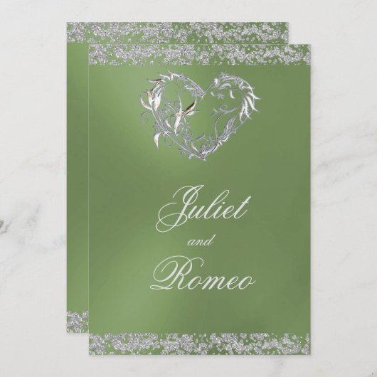 Romantisches Herz & Glitzer auf Sage Wedding Einladung (Vorne/Hinten)