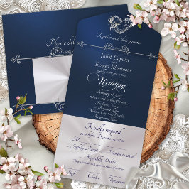 Romantisches Herz & Kalligrafie - Blau/Silber All In One Einladung