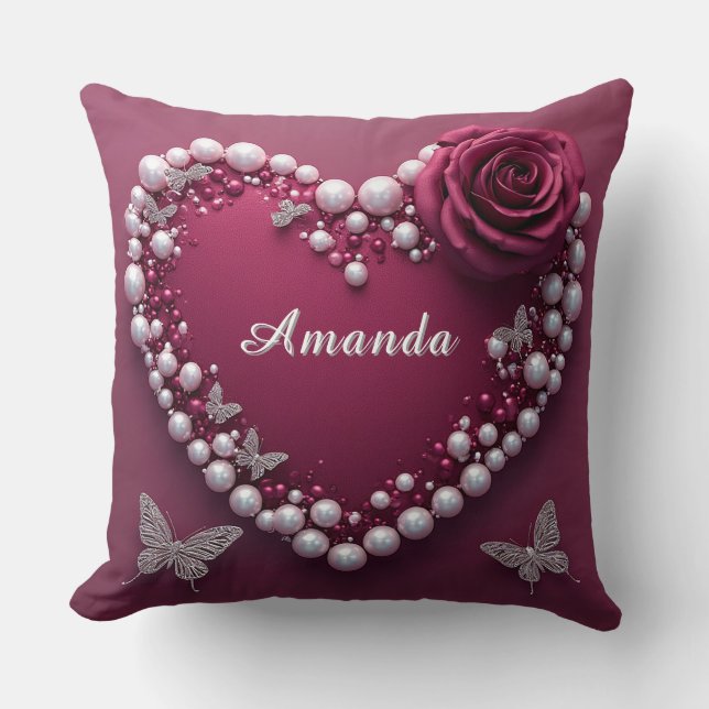 Romantisches Herz mit Perlenrand Kissen (Vorderseite)