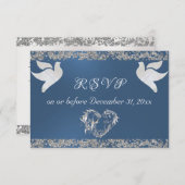 Romantisches Herz, Tauben & Glitzer - Blau RSVP Karte (Vorne/Hinten)