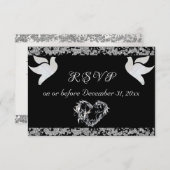 Romantisches Herz, Tauben & Glitzer - Schwarz RSVP Karte (Vorne/Hinten)