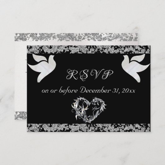 Romantisches Herz, Tauben & Glitzer - Schwarz RSVP Karte (Vorne/Hinten)