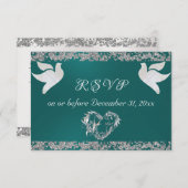 Romantisches Herz, Tauben und Glitzer - Aquamarin RSVP Karte (Vorne/Hinten)