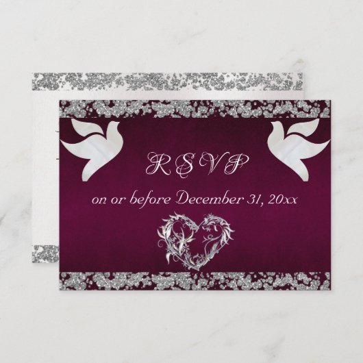 Romantisches Herz, Tauben und Glitzer - Lila RSVP Karte (Vorne/Hinten)