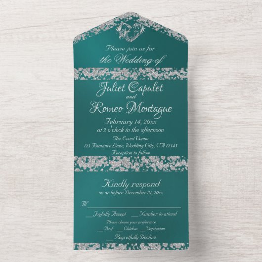 Romantisches Herz und Glitzer auf Aquamarin All In One Einladung (Innen Boden)