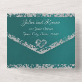 Romantisches Herz und Glitzer auf Aquamarin All In One Einladung (Rückseite)