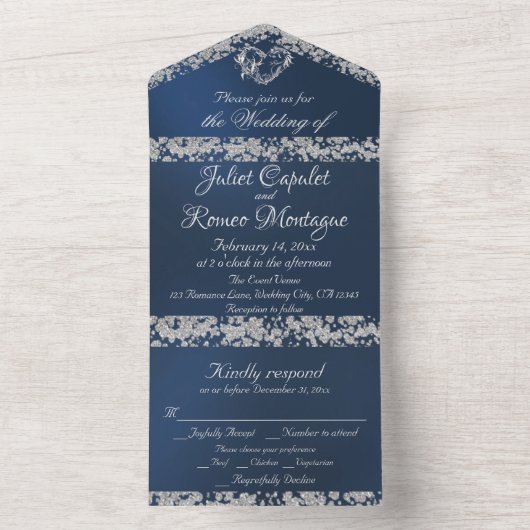 Romantisches Herz und Glitzer auf Blue All In One Einladung (Innen Boden)