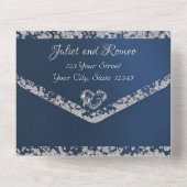 Romantisches Herz und Glitzer auf Blue All In One Einladung (Rückseite)