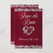 Romantisches Herz und Glitzer auf Burgund Save The Date (Vorne/Hinten)