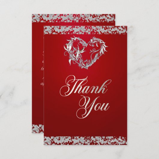 Romantisches Herz und Glitzer in Rot Dankeskarte (Vorne/Hinten)