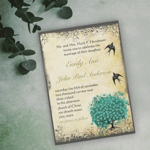 Romantisches Herzblatt Teal-Baum-Liebesvogel-Hochz Einladung